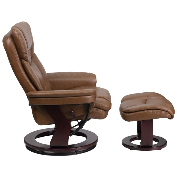 Palimino |#| Palimino LeatherSoft Multi-Position Recliner &Curved Ottoman w/Mahogany Base