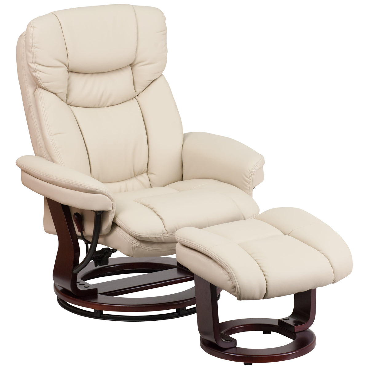 Beige |#| Beige LeatherSoft Multi-Position Recliner &Curved Ottoman w/Mahogany Wood Base