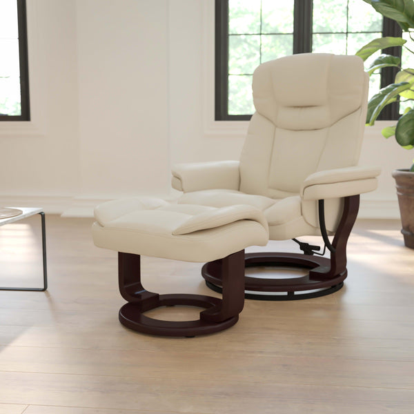 Beige |#| Beige LeatherSoft Multi-Position Recliner &Curved Ottoman w/Mahogany Wood Base