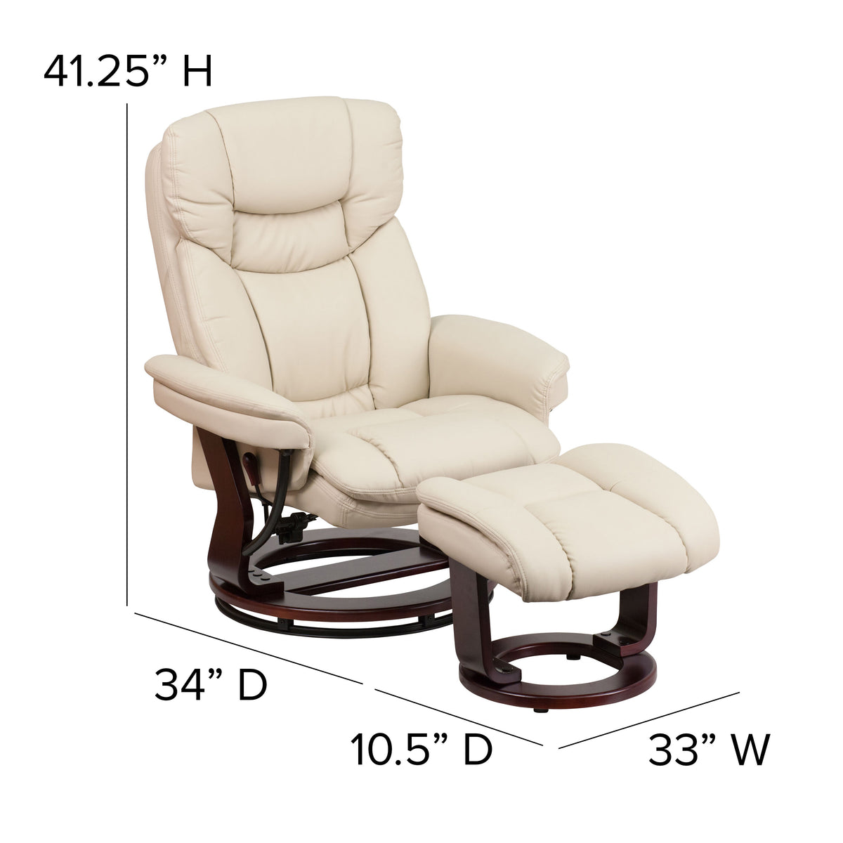 Beige |#| Beige LeatherSoft Multi-Position Recliner &Curved Ottoman w/Mahogany Wood Base