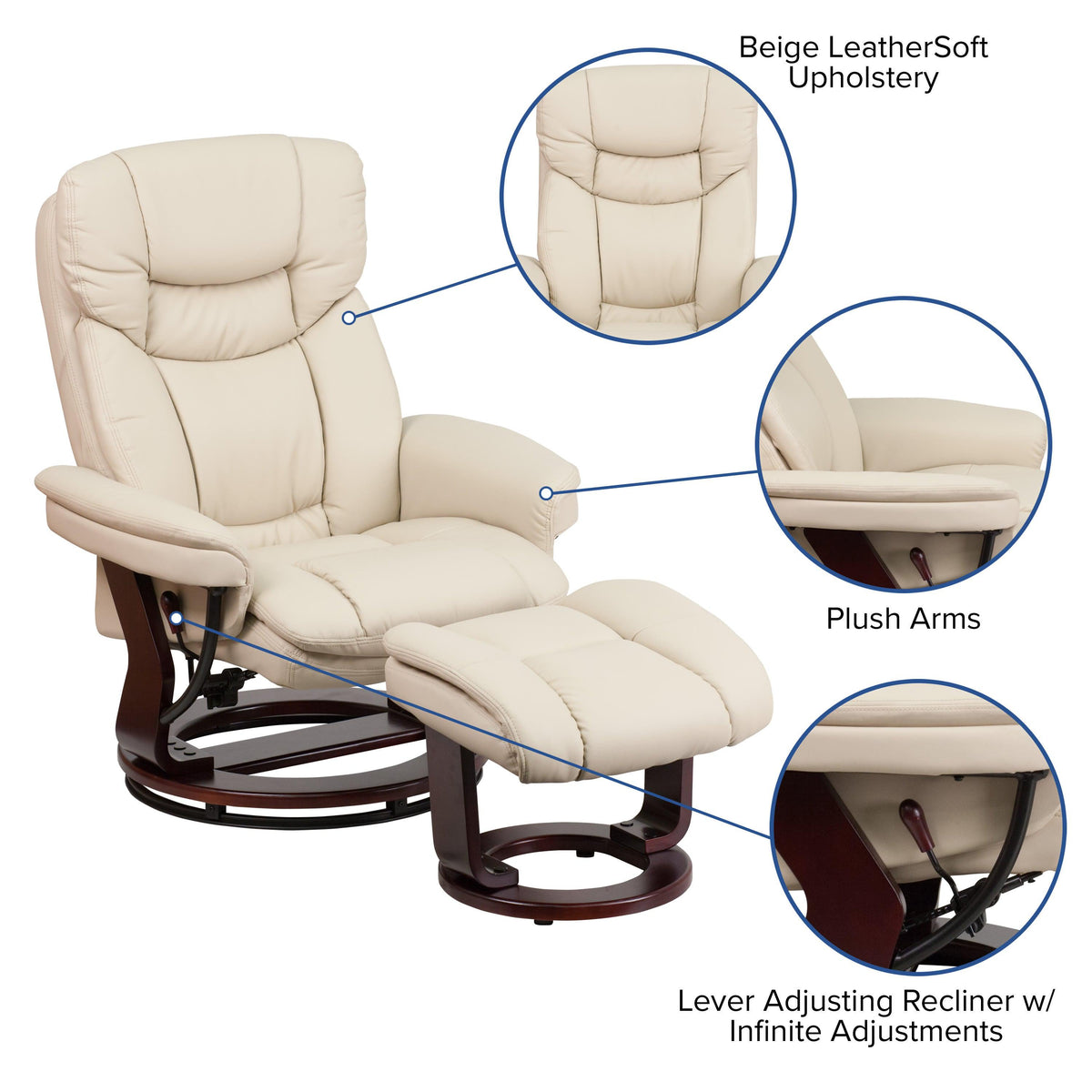 Beige |#| Beige LeatherSoft Multi-Position Recliner &Curved Ottoman w/Mahogany Wood Base