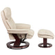 Beige |#| Beige LeatherSoft Multi-Position Recliner &Curved Ottoman w/Mahogany Wood Base