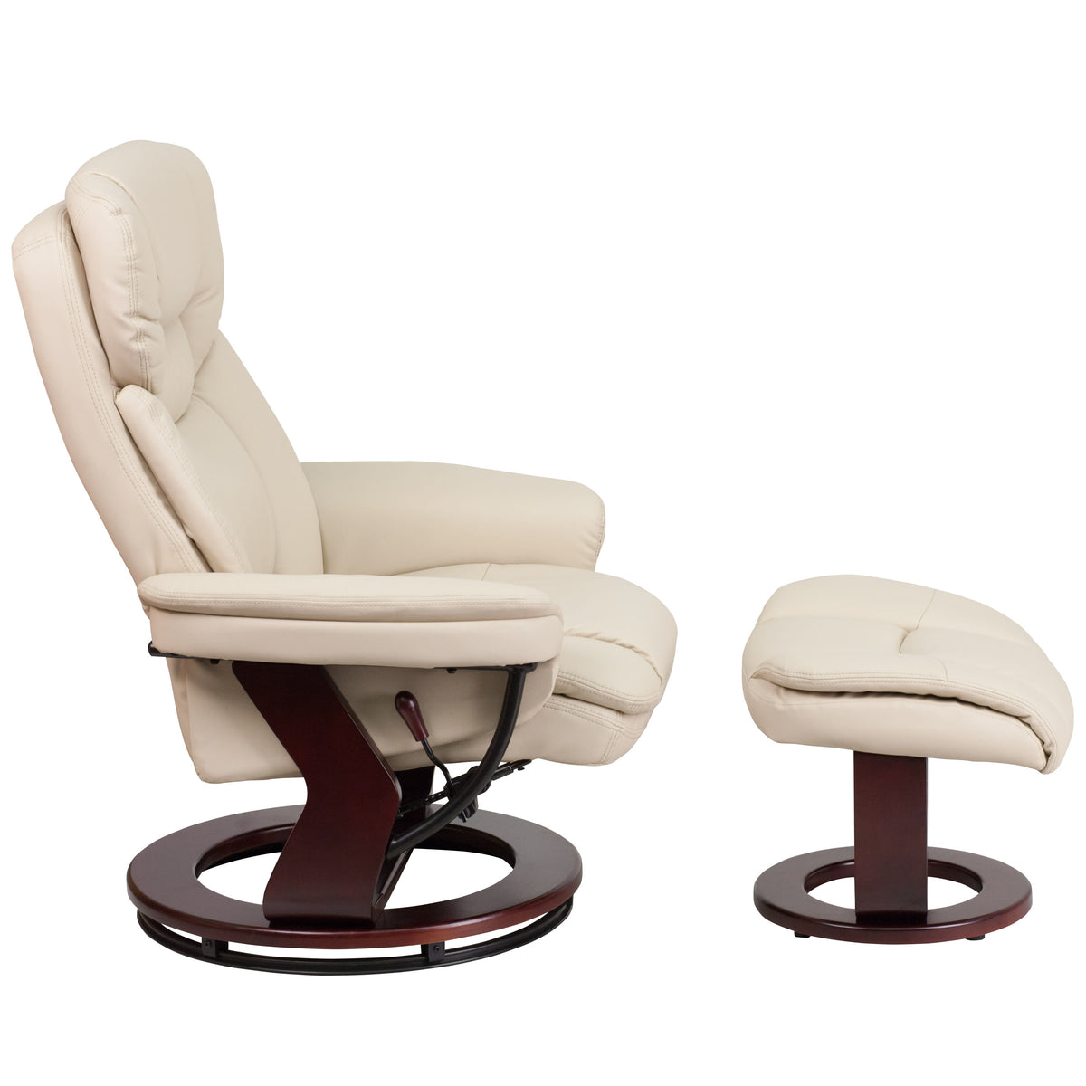 Beige |#| Beige LeatherSoft Multi-Position Recliner &Curved Ottoman w/Mahogany Wood Base