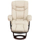 Beige |#| Beige LeatherSoft Multi-Position Recliner &Curved Ottoman w/Mahogany Wood Base