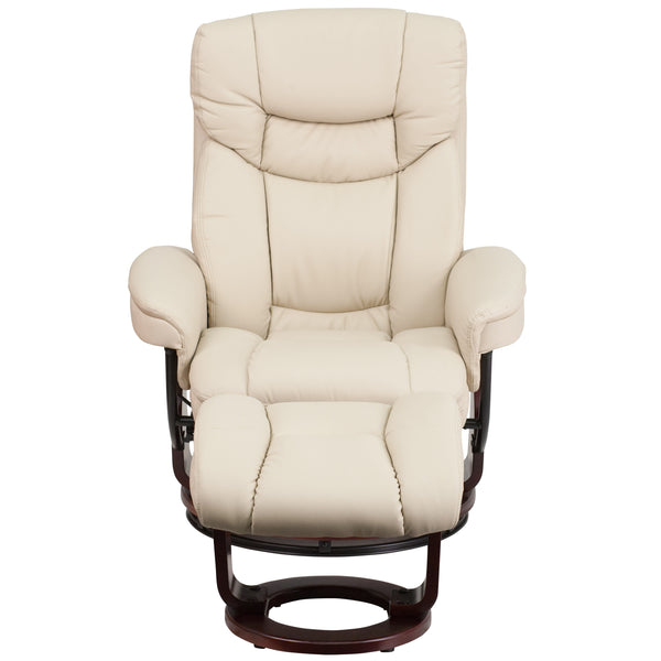 Beige |#| Beige LeatherSoft Multi-Position Recliner &Curved Ottoman w/Mahogany Wood Base