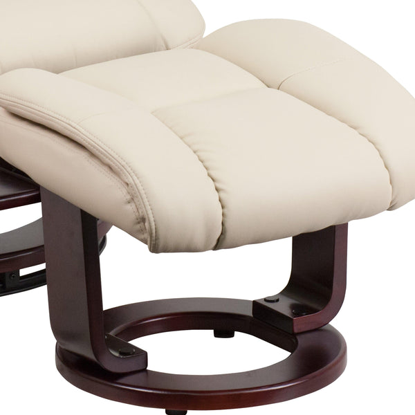 Beige |#| Beige LeatherSoft Multi-Position Recliner &Curved Ottoman w/Mahogany Wood Base