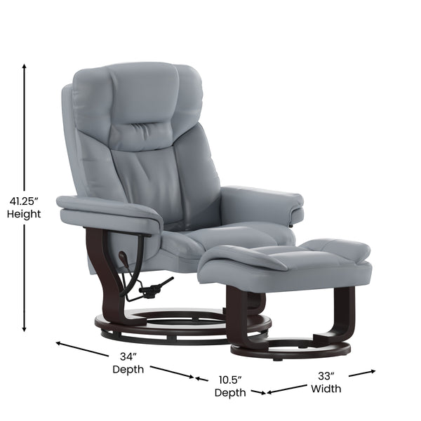 Gray |#| Gray LeatherSoft Multi-Position Recliner &Curved Ottoman w/Mahogany Wood Base