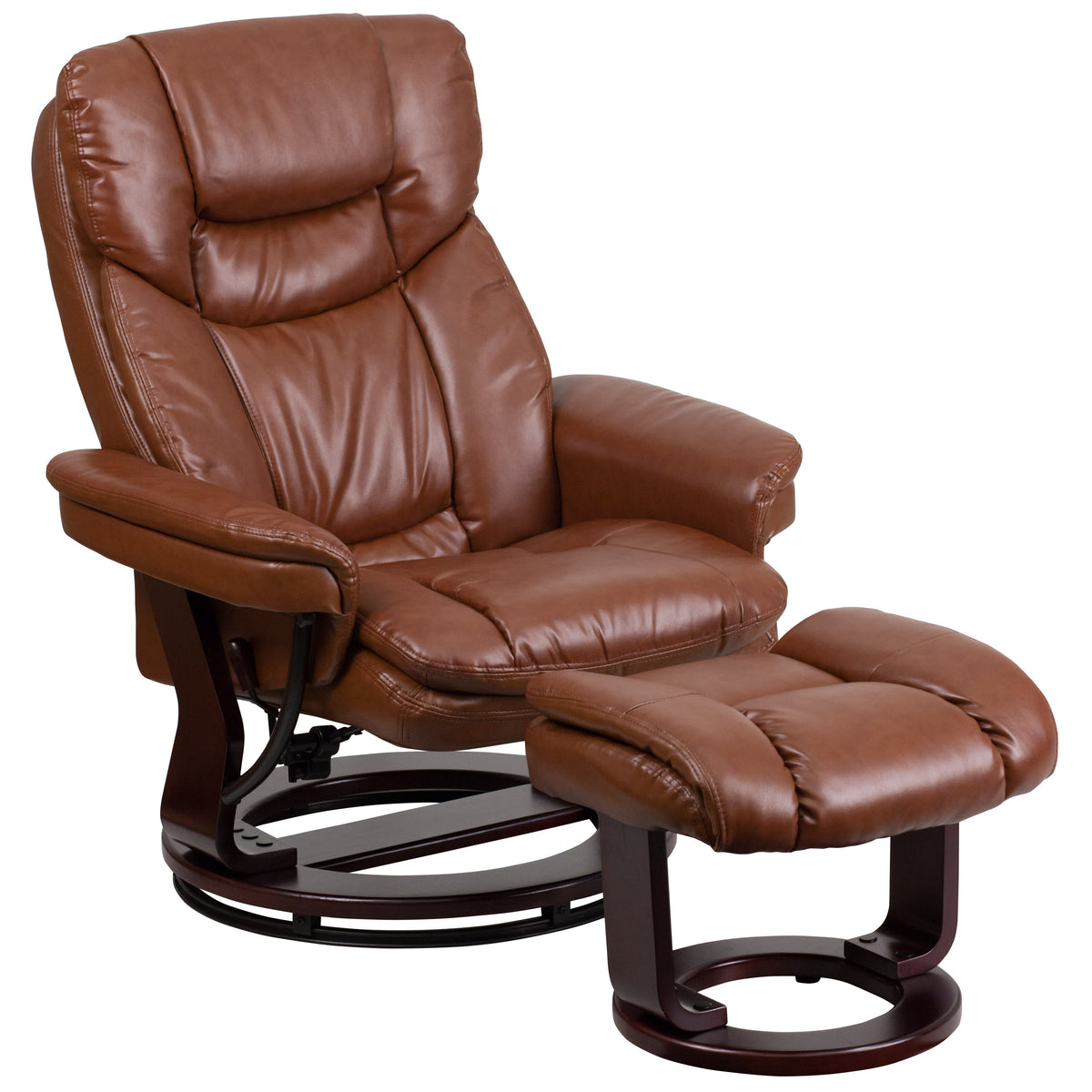 Brown Vintage |#| Brown Vintage LeatherSoft Recliner and Curved Ottoman with Mahogany Wood Base