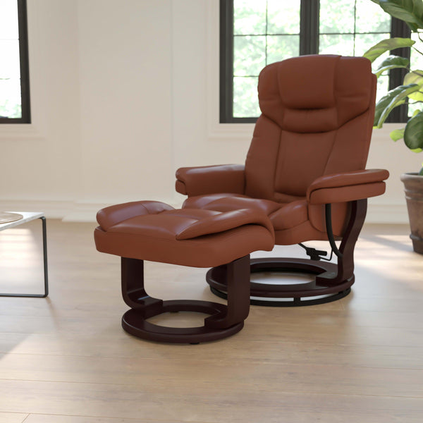 Brown Vintage |#| Brown Vintage LeatherSoft Recliner and Curved Ottoman with Mahogany Wood Base