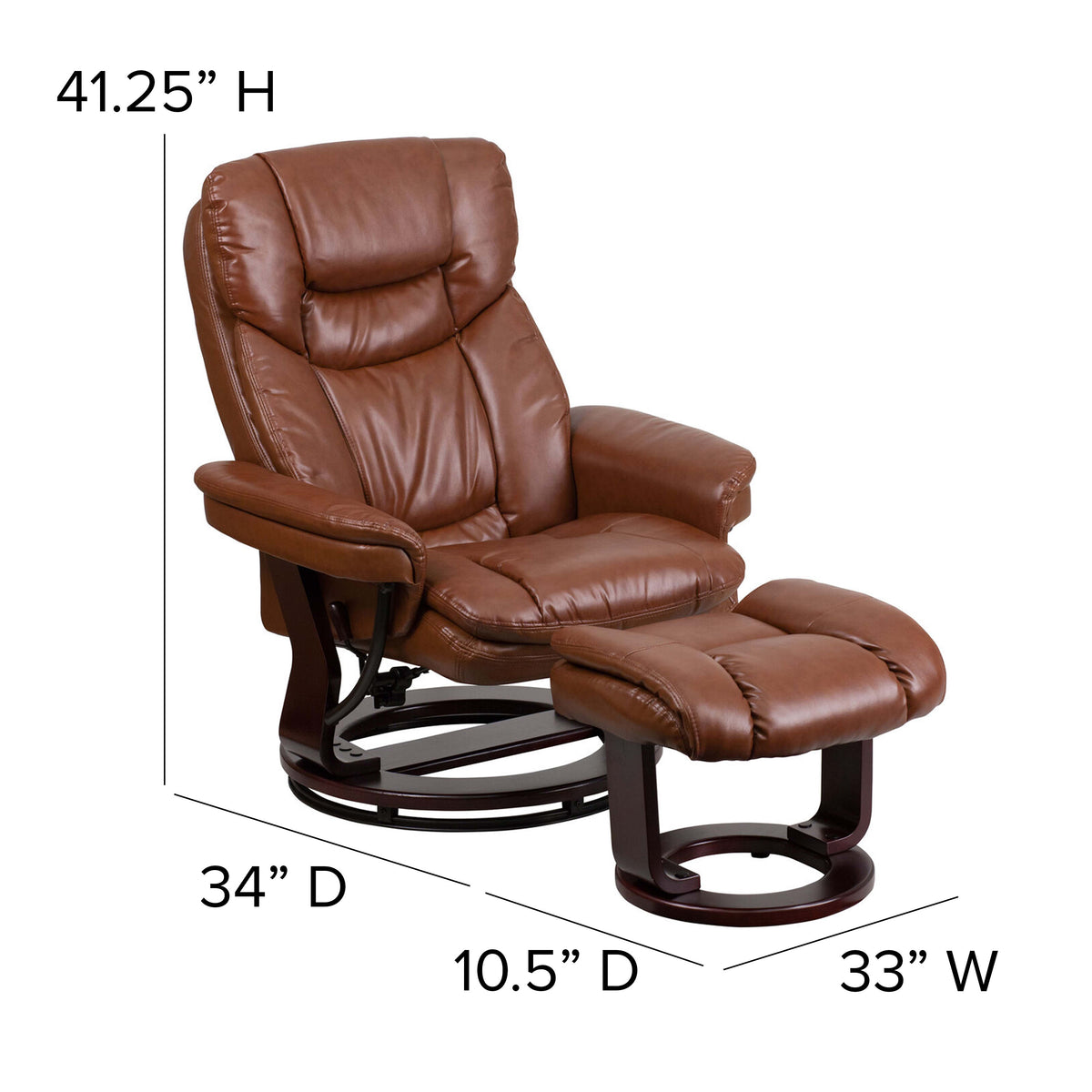 Brown Vintage |#| Brown Vintage LeatherSoft Recliner and Curved Ottoman with Mahogany Wood Base