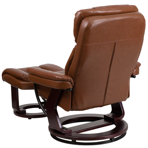 Brown Vintage |#| Brown Vintage LeatherSoft Recliner and Curved Ottoman with Mahogany Wood Base