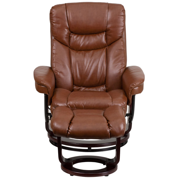 Brown Vintage |#| Brown Vintage LeatherSoft Recliner and Curved Ottoman with Mahogany Wood Base