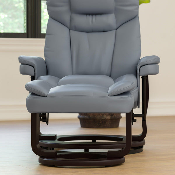 Gray |#| Gray LeatherSoft Multi-Position Recliner &Curved Ottoman w/Mahogany Wood Base