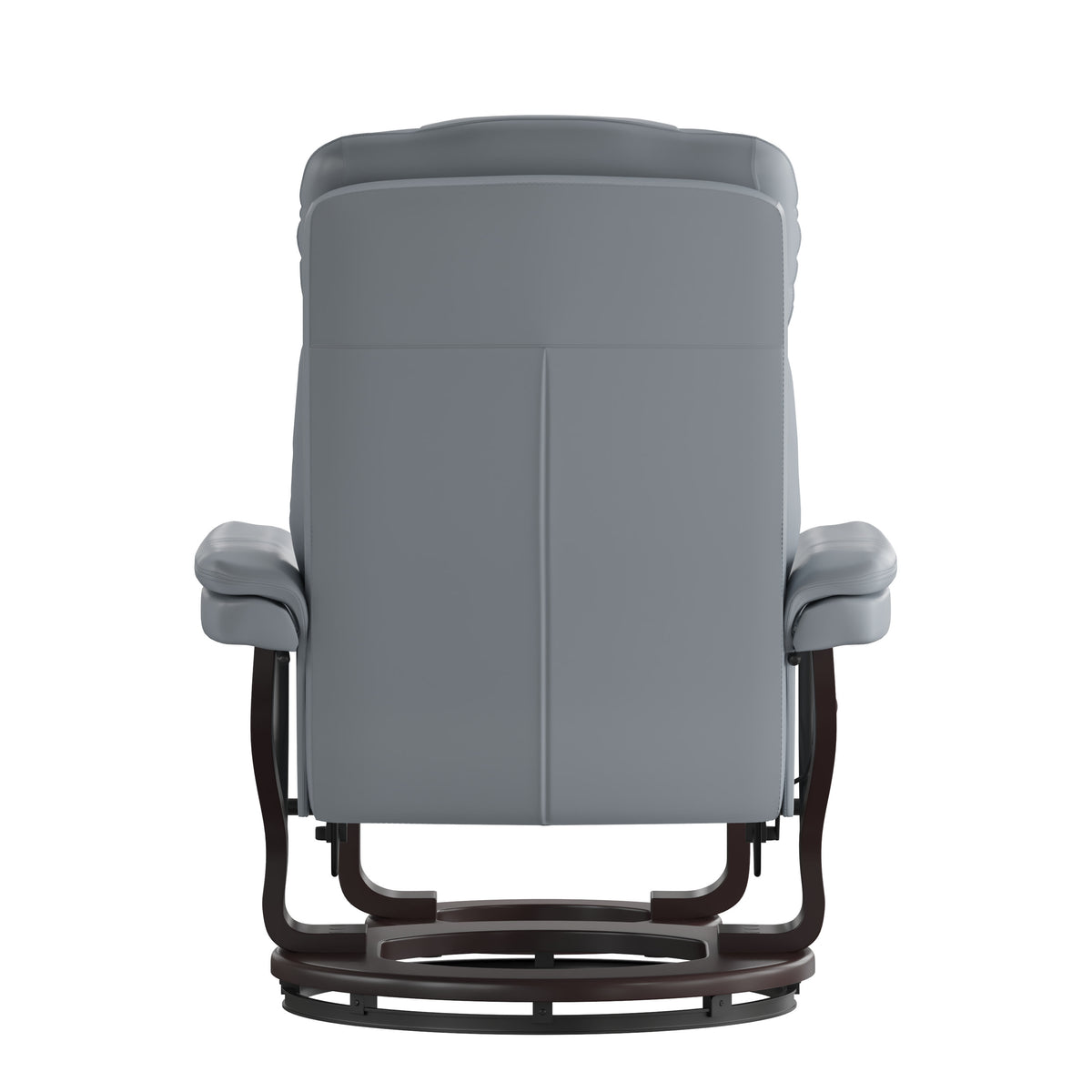 Gray |#| Gray LeatherSoft Multi-Position Recliner &Curved Ottoman w/Mahogany Wood Base