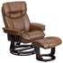 Contemporary Multi-Position Recliner and Curved Ottoman with Swivel Mahogany Wood Base