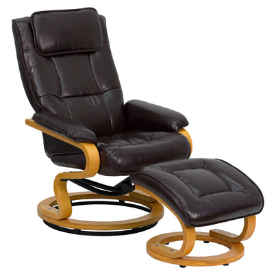 Contemporary Multi-Position Recliner and Ottoman with Swivel Maple Wood Base - View 1
