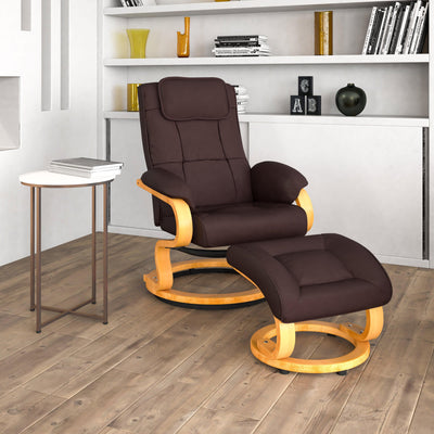 Contemporary Multi-Position Recliner and Ottoman with Swivel Maple Wood Base