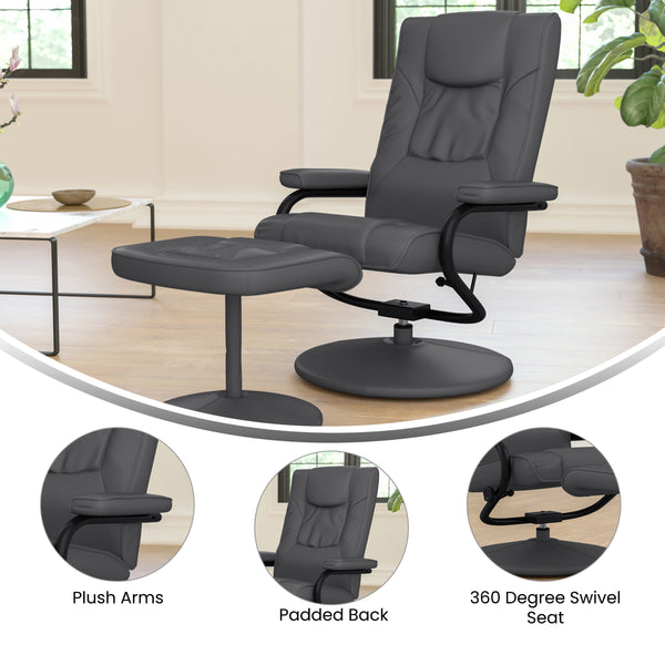 Gray |#| Contemporary Gray LeatherSoft Multi-Position Recliner &Ottoman w/ Wrapped Base