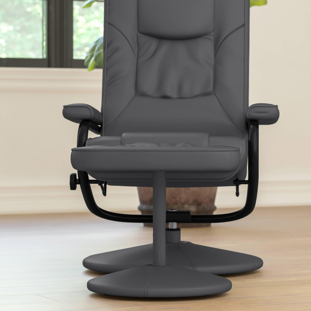 Gray |#| Contemporary Gray LeatherSoft Multi-Position Recliner &Ottoman w/ Wrapped Base