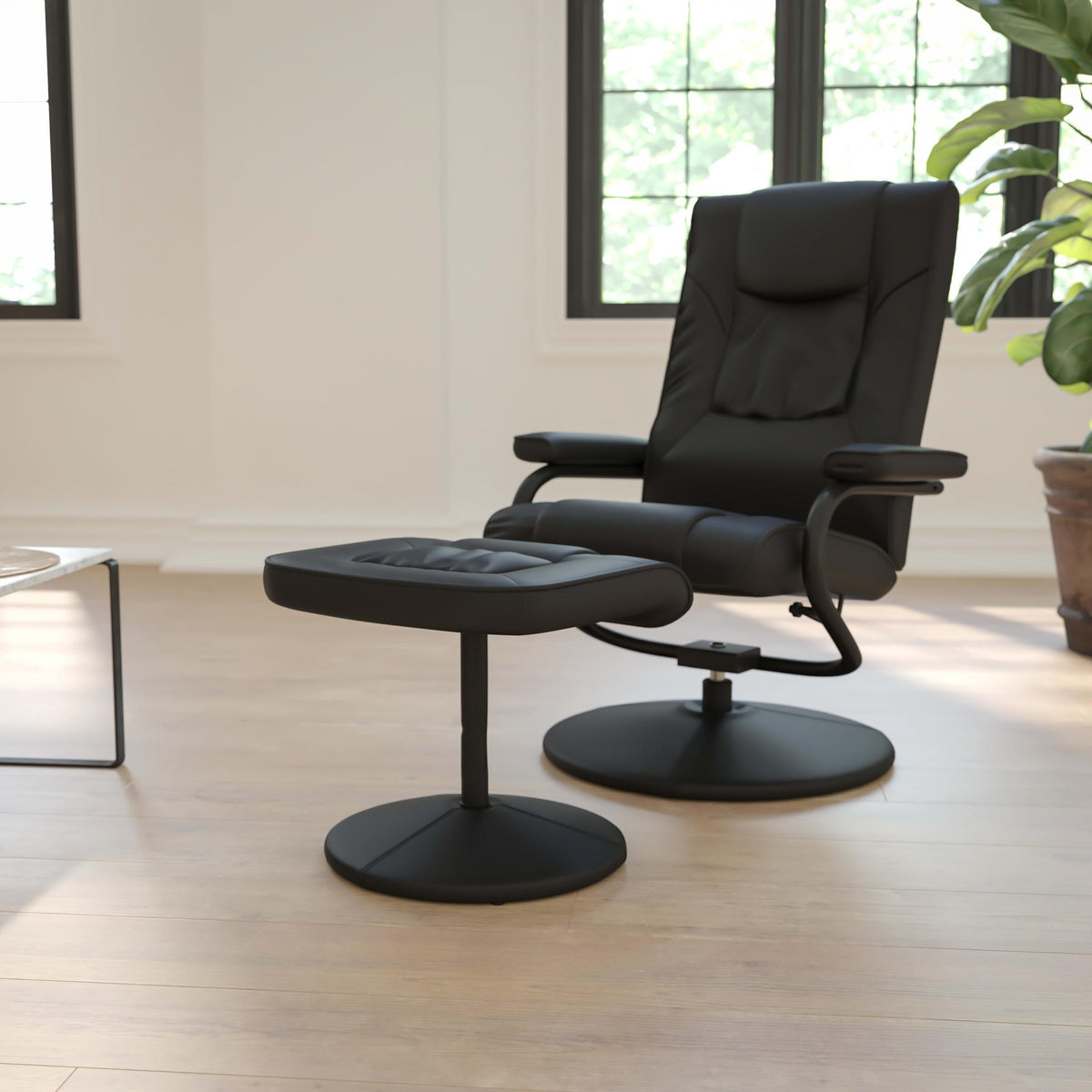 Black |#| Contemporary Black LeatherSoft Multi-Position Recliner &Ottoman w/ Wrapped Base