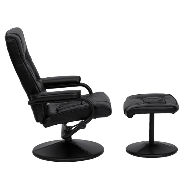 Black |#| Contemporary Black LeatherSoft Multi-Position Recliner &Ottoman w/ Wrapped Base