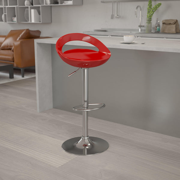 Red |#| Red Plastic Adjustable Height Barstool with Rounded Cutout Back and Chrome Base