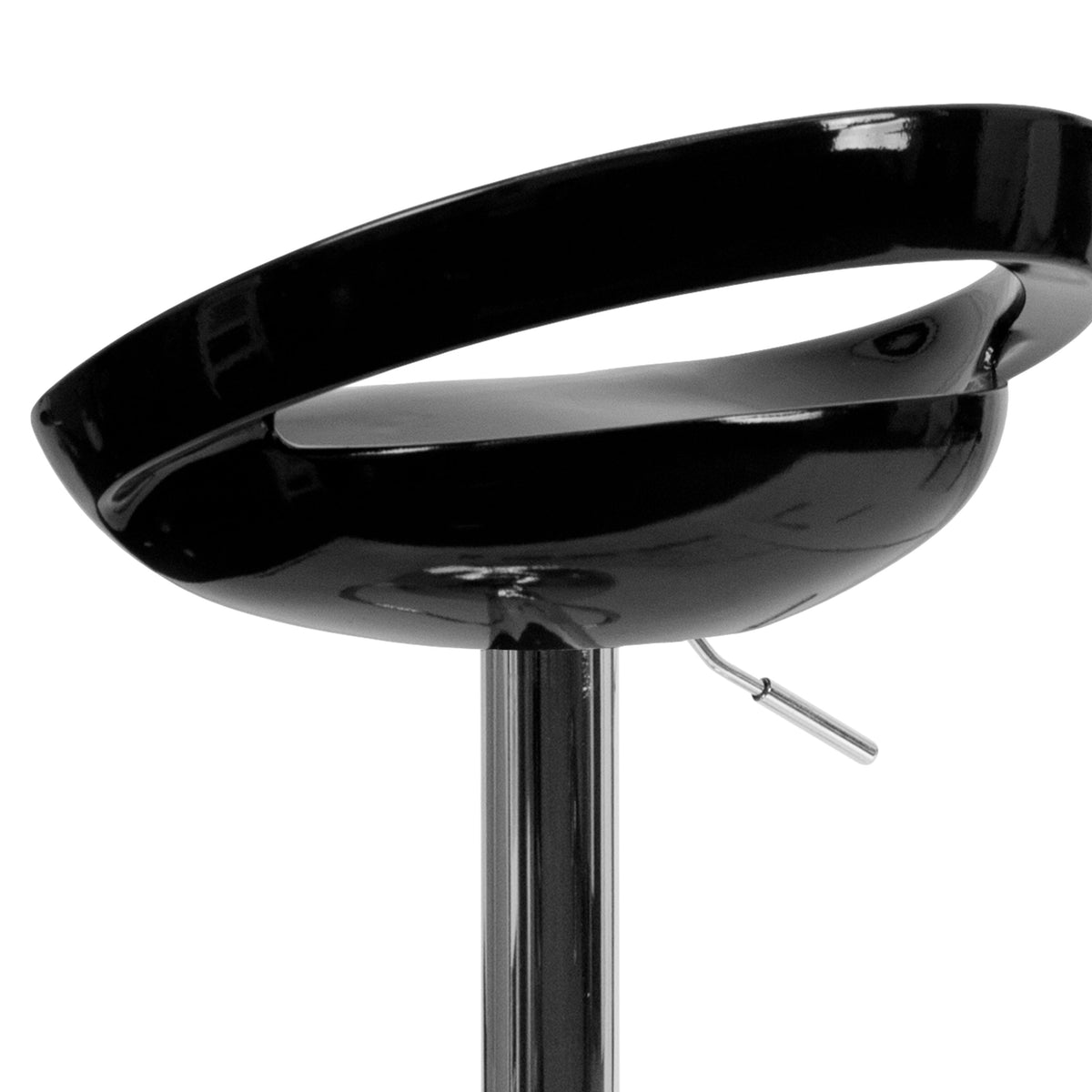 Black |#| Black Plastic Adjustable Height Barstool with Rounded Cutout Back & Chrome Base