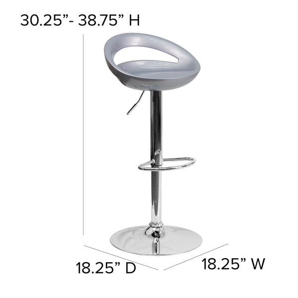 Silver |#| Silver Plastic Adjustable Height Barstool w/ Rounded Cutout Back & Chrome Base