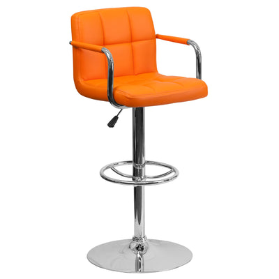 Contemporary Quilted Vinyl Adjustable Height Barstool with Arms and Chrome Base - View 1