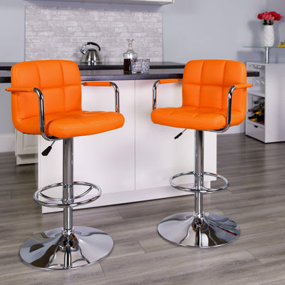Contemporary Quilted Vinyl Adjustable Height Barstool with Arms and Chrome Base