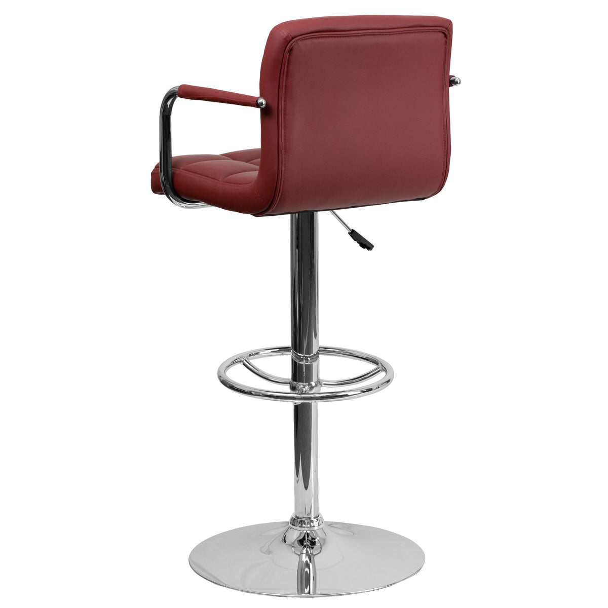 Burgundy |#| Burgundy Quilted Vinyl Adjustable Height Barstool with Arms and Chrome Base