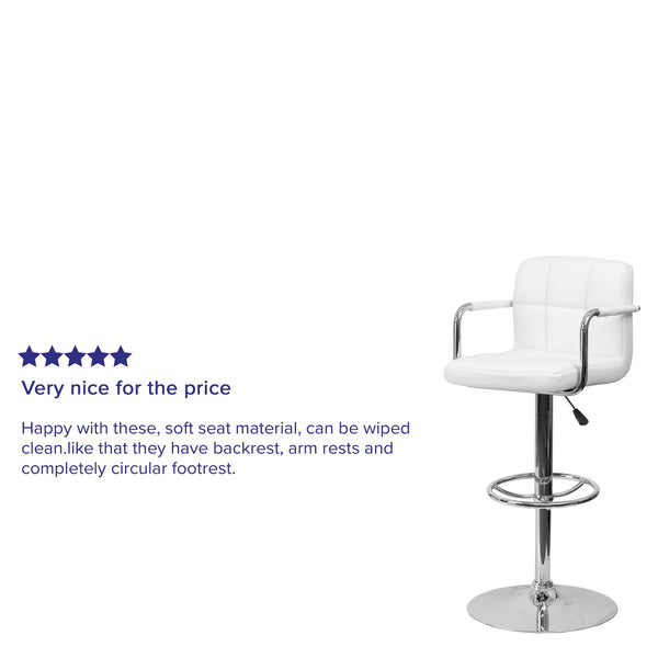 White |#| White Quilted Vinyl Adjustable Height Barstool with Arms and Chrome Base