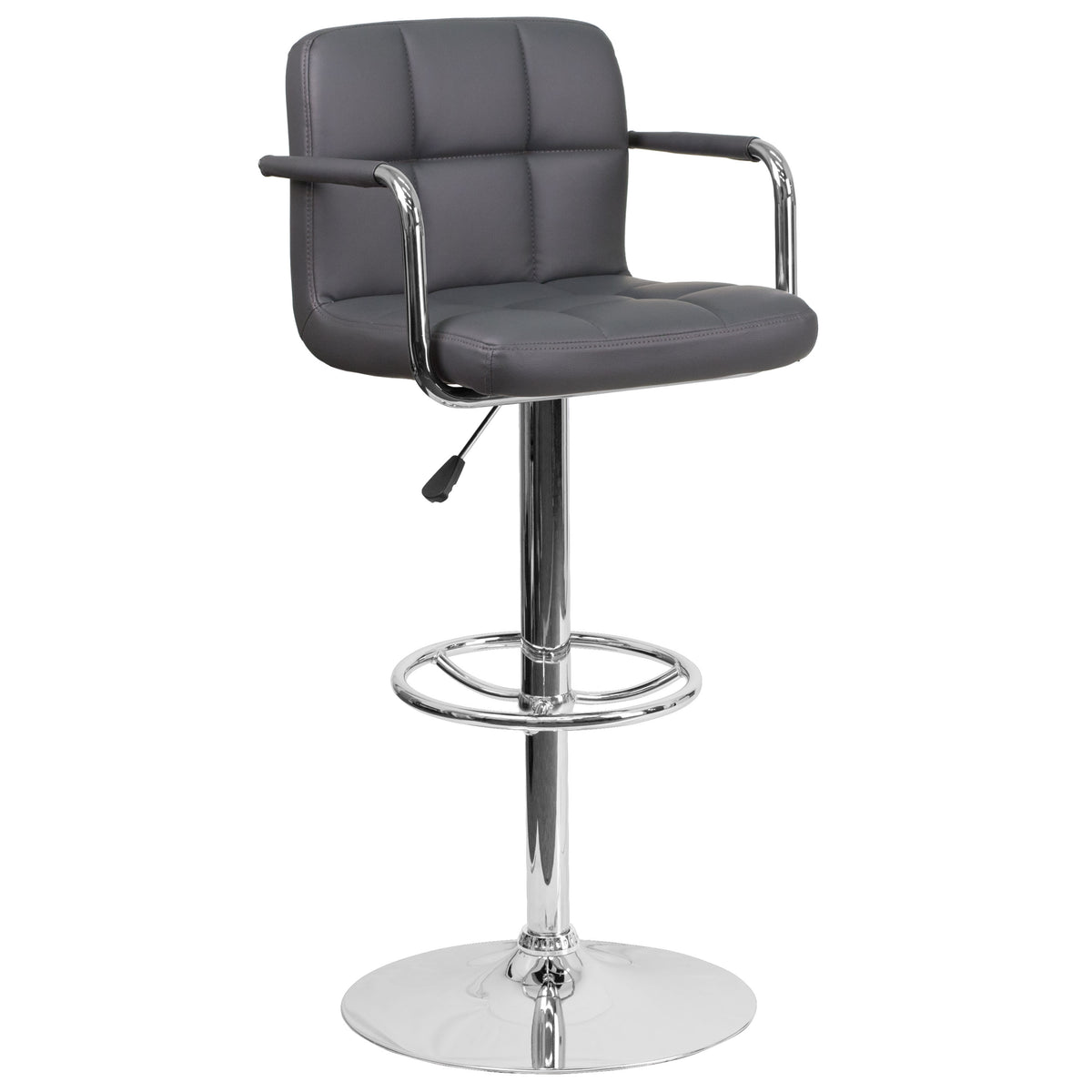 Gray |#| Gray Quilted Vinyl Adjustable Height Barstool with Arms and Chrome Base