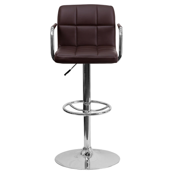 Brown |#| Brown Quilted Vinyl Adjustable Height Barstool with Arms and Chrome Base