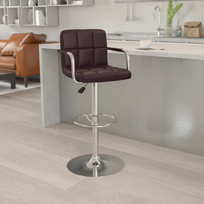 Quilted Vinyl Adjustable Height Barstool with Arms and Chrome Base - View 2