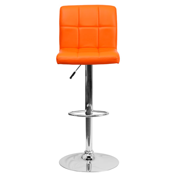 Orange |#| Contemporary Orange Quilted Vinyl Adjustable Height Barstool with Chrome Base