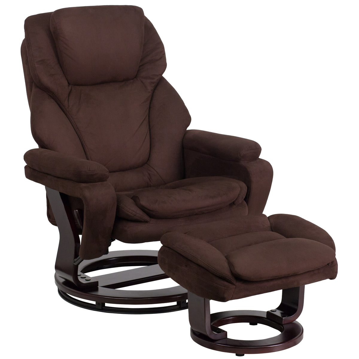 Brown Microfiber |#| Brown Microfiber Multi-Position Recliner and Ottoman with Mahogany Wood Base