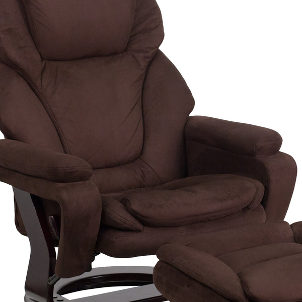 Brown Microfiber |#| Brown Microfiber Multi-Position Recliner and Ottoman with Mahogany Wood Base