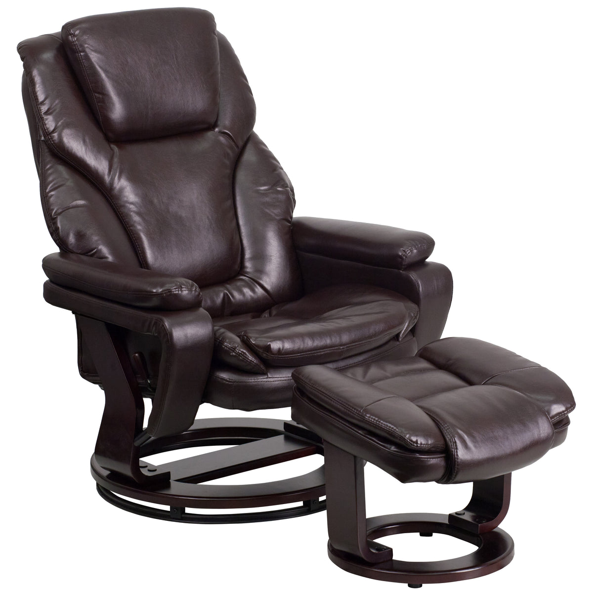 Brown LeatherSoft |#| Brown LeatherSoft Multi-Position Recliner & Ottoman w/ Swivel Mahogany Wood Base