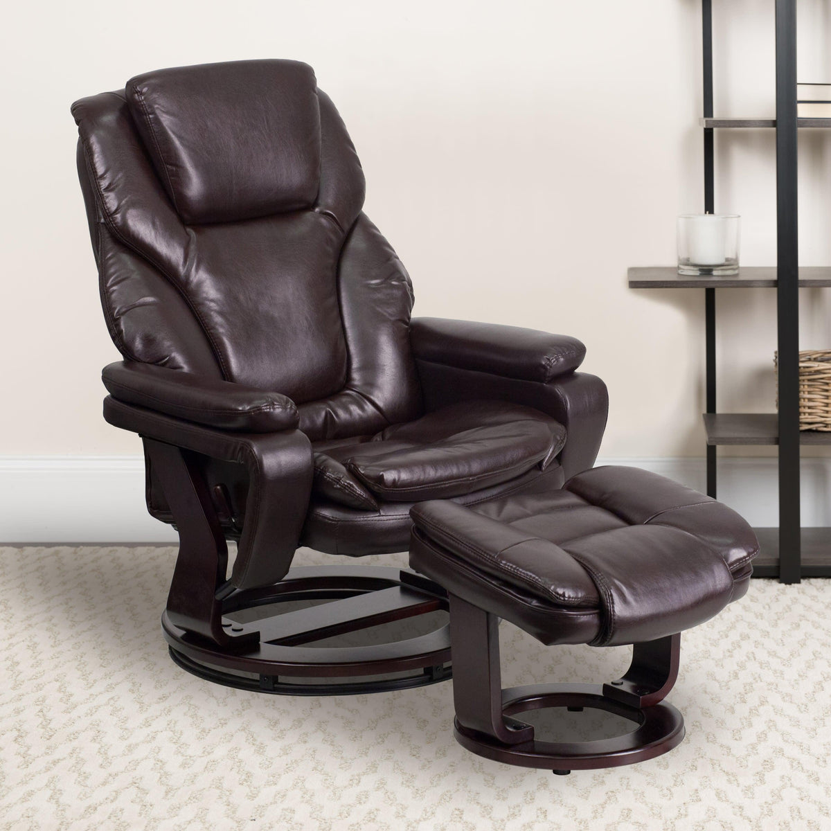 Brown LeatherSoft |#| Brown LeatherSoft Multi-Position Recliner & Ottoman w/ Swivel Mahogany Wood Base