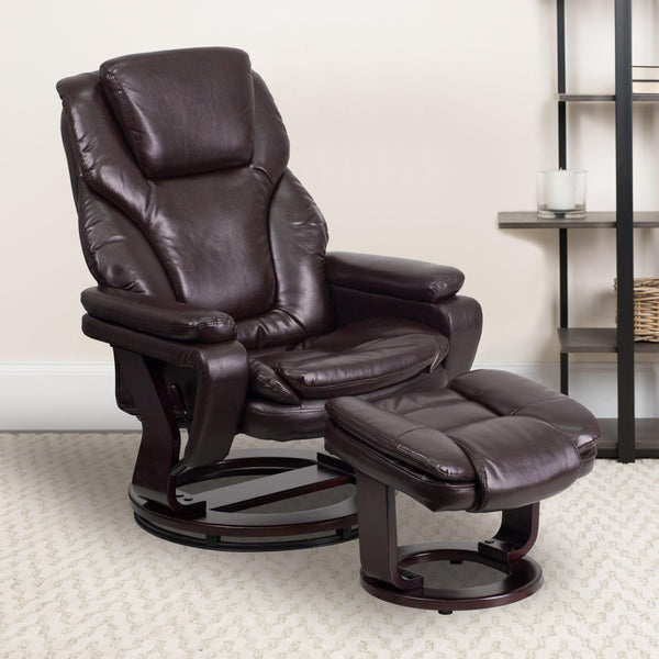 Brown LeatherSoft |#| Brown LeatherSoft Multi-Position Recliner & Ottoman w/ Swivel Mahogany Wood Base