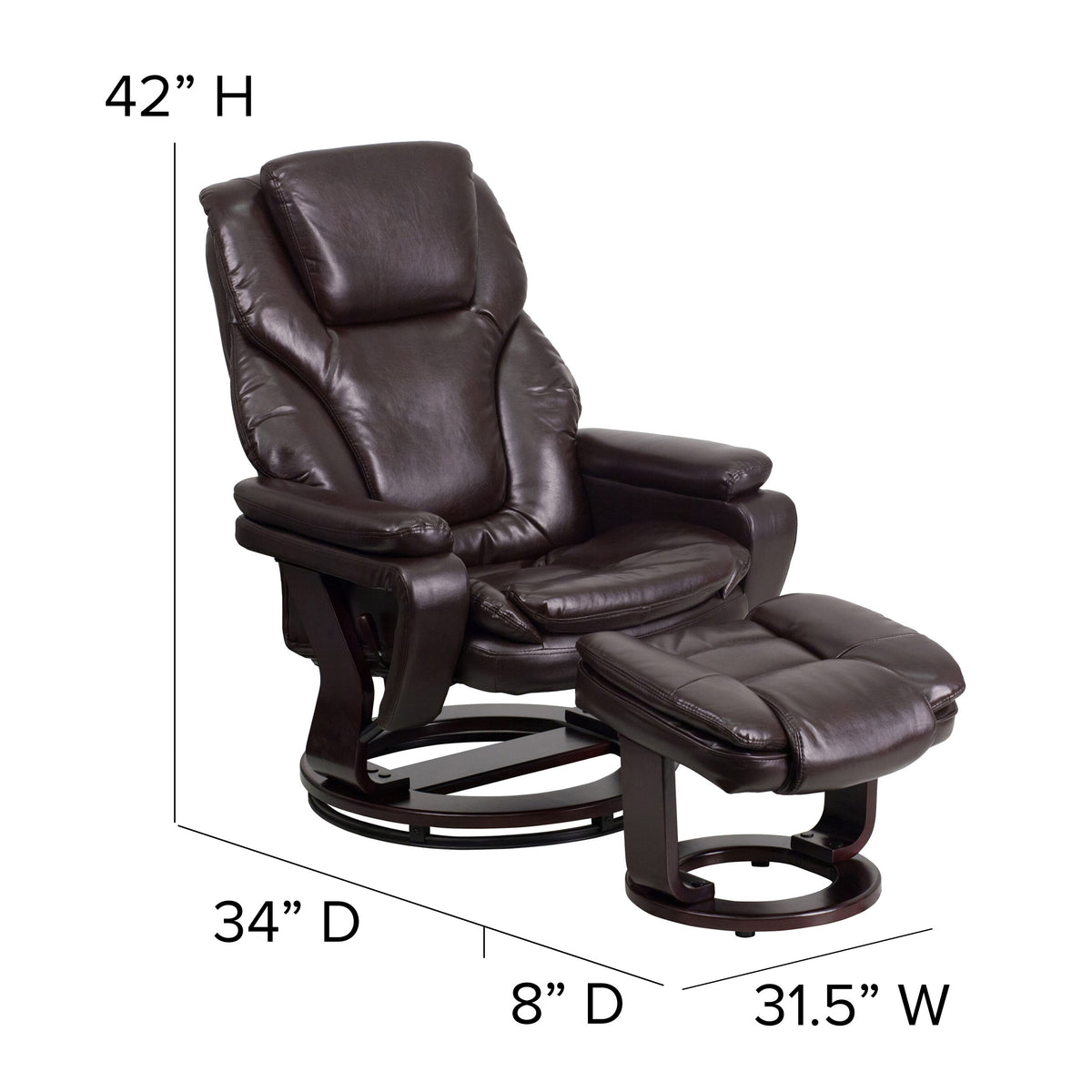 Brown LeatherSoft |#| Brown LeatherSoft Multi-Position Recliner & Ottoman w/ Swivel Mahogany Wood Base