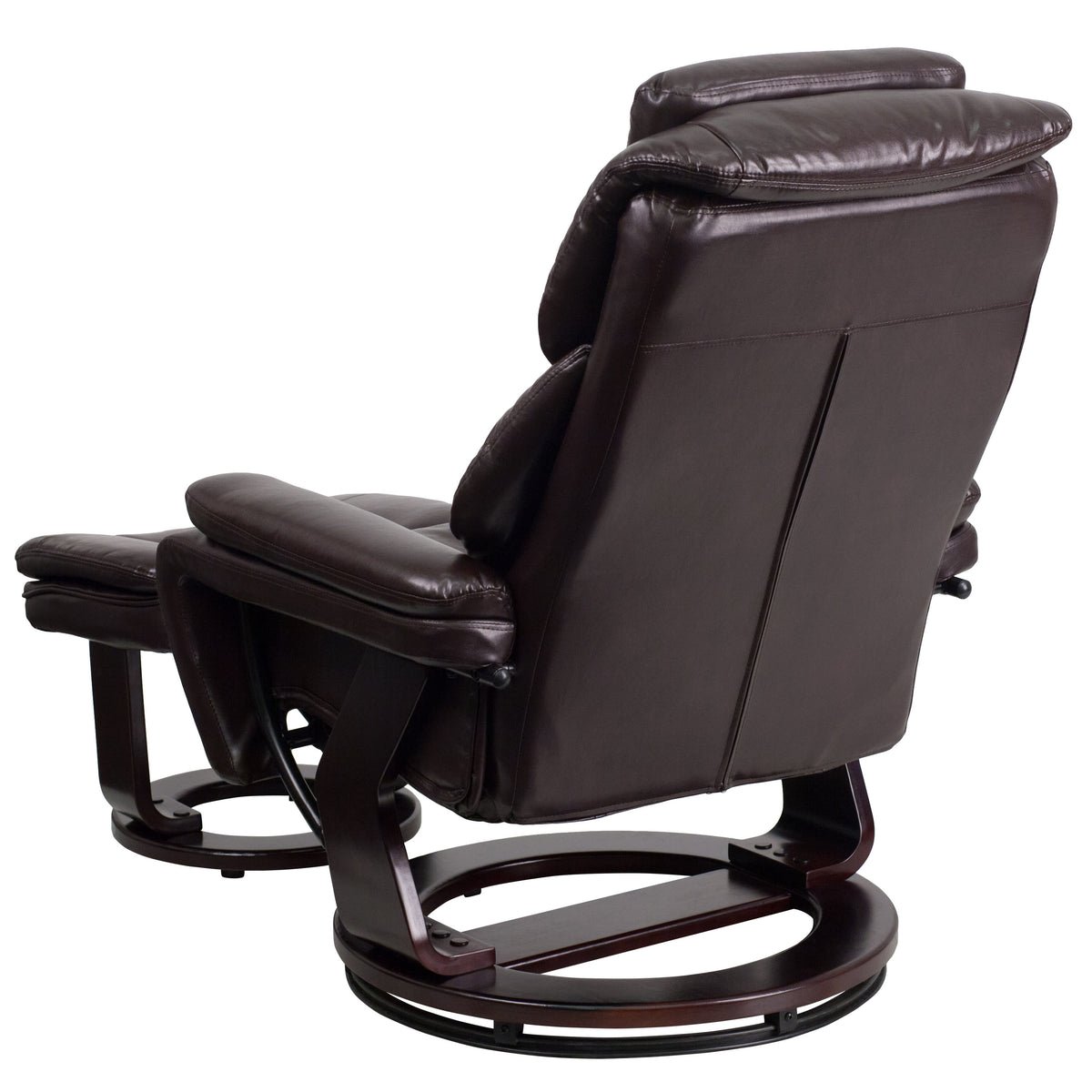 Brown LeatherSoft |#| Brown LeatherSoft Multi-Position Recliner & Ottoman w/ Swivel Mahogany Wood Base