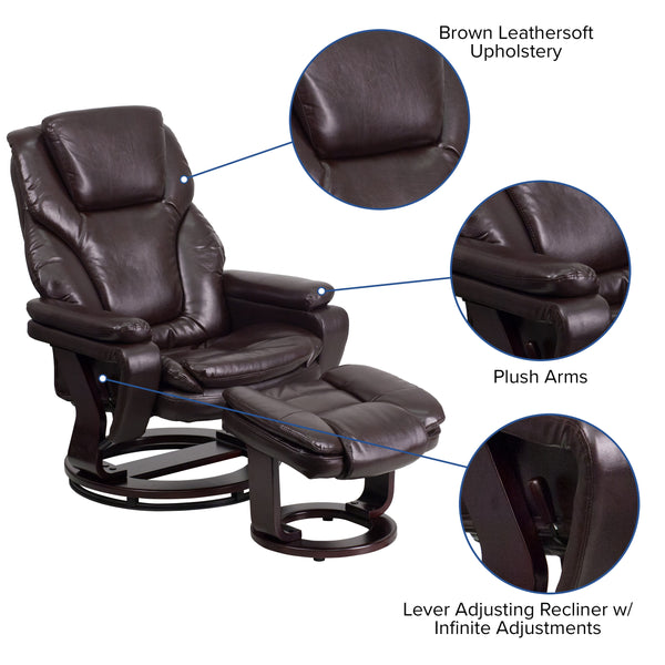 Brown LeatherSoft |#| Brown LeatherSoft Multi-Position Recliner & Ottoman w/ Swivel Mahogany Wood Base