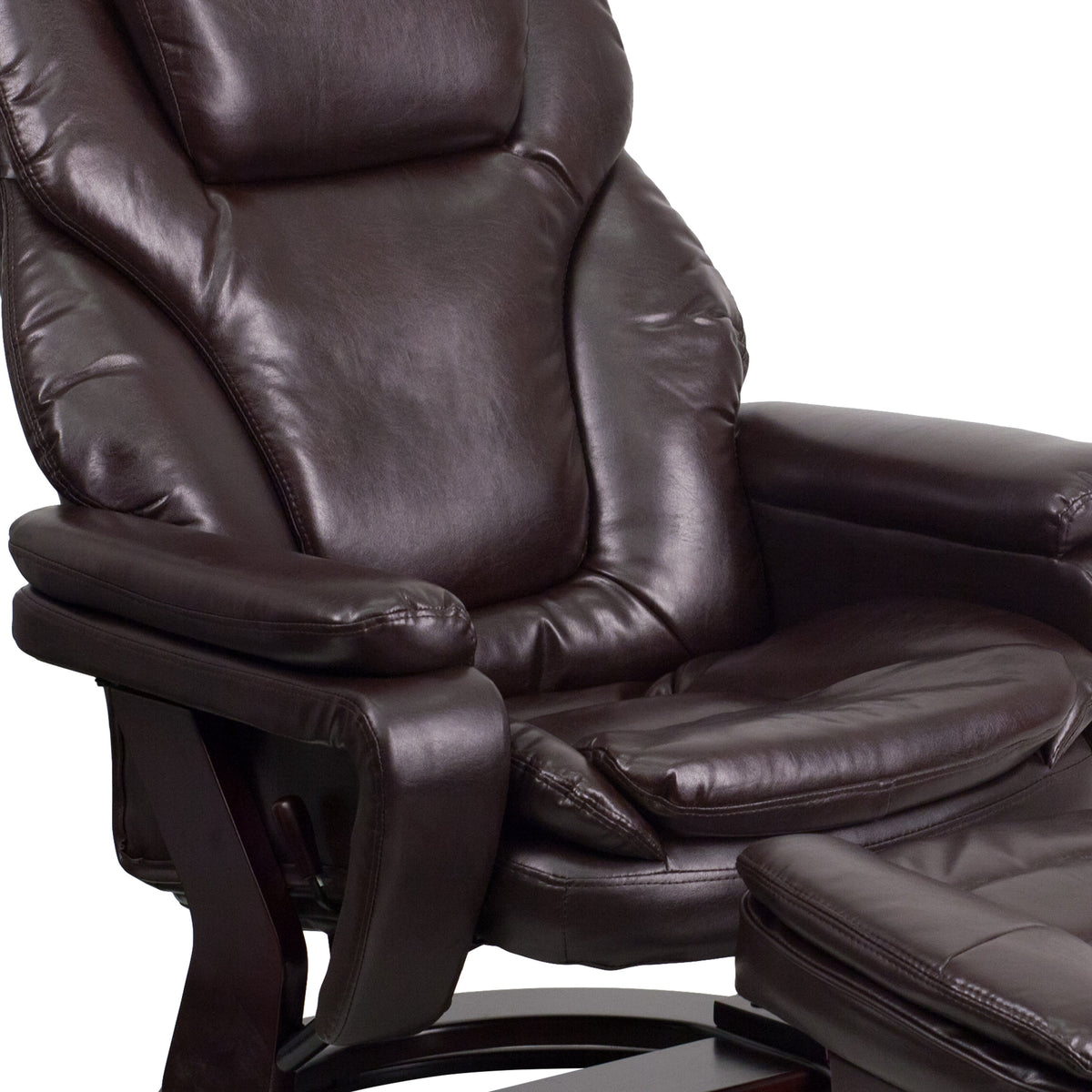 Brown LeatherSoft |#| Brown LeatherSoft Multi-Position Recliner & Ottoman w/ Swivel Mahogany Wood Base