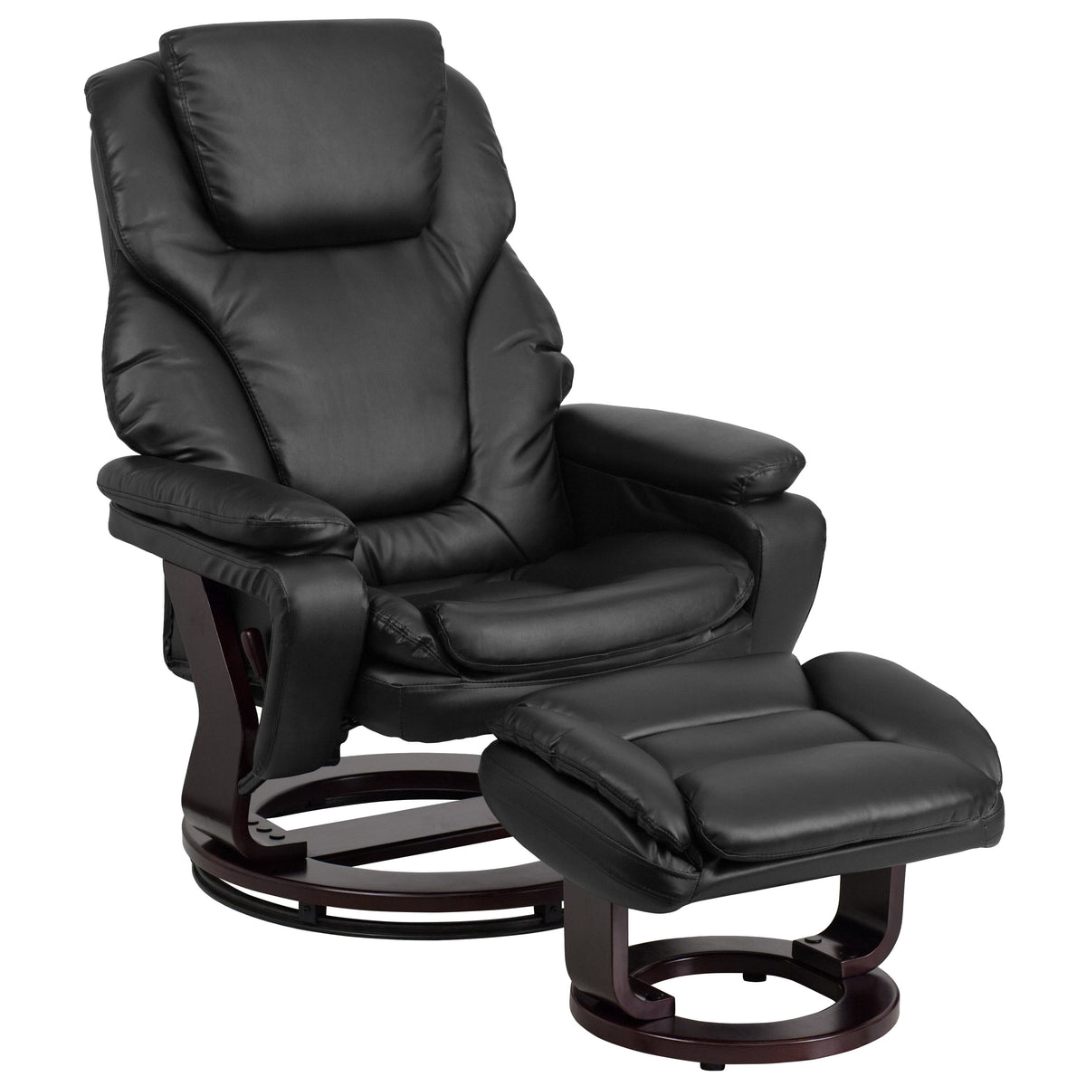 Black LeatherSoft |#| Black LeatherSoft Multi-Position Recliner & Ottoman w/ Swivel Mahogany Wood Base