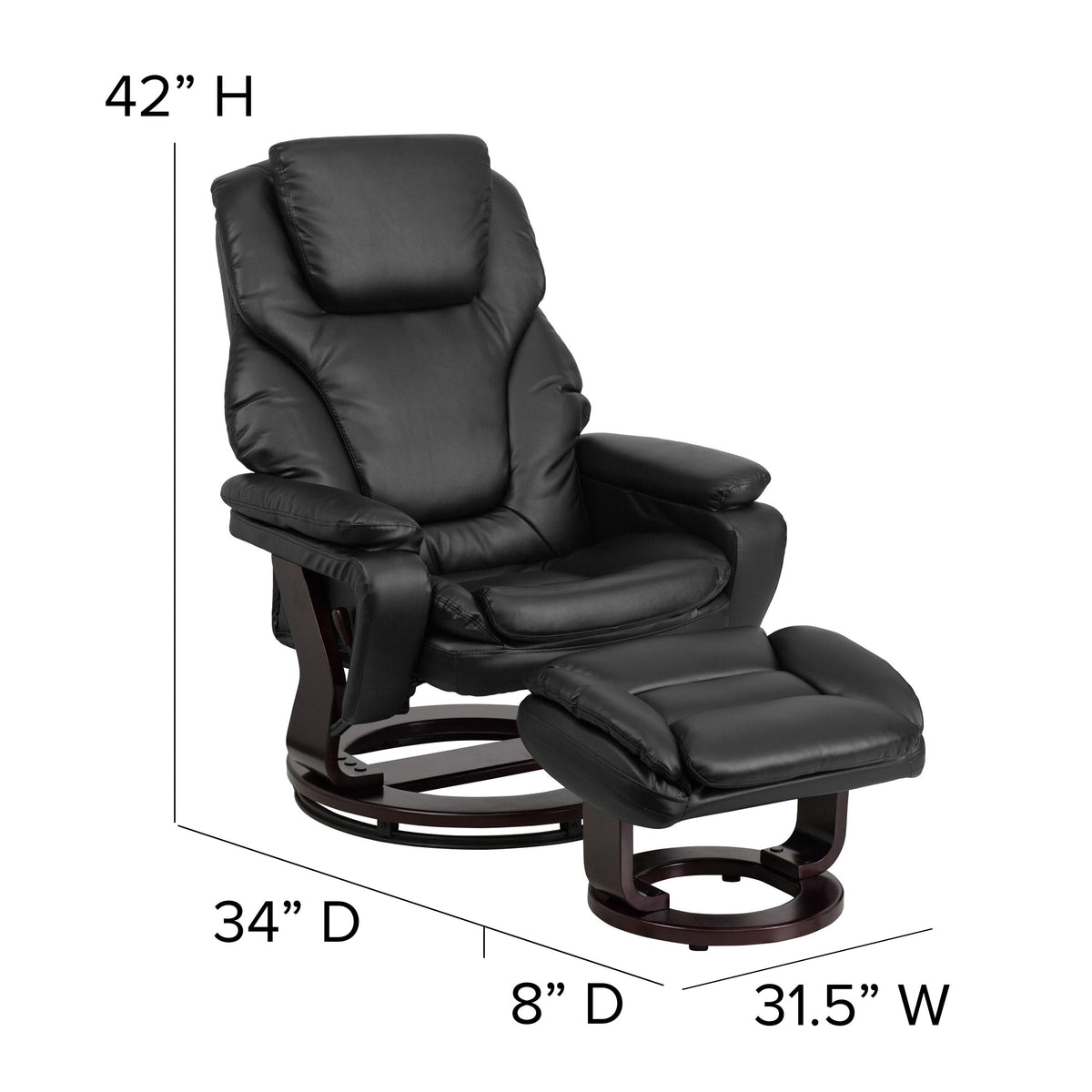 Black LeatherSoft |#| Black LeatherSoft Multi-Position Recliner & Ottoman w/ Swivel Mahogany Wood Base