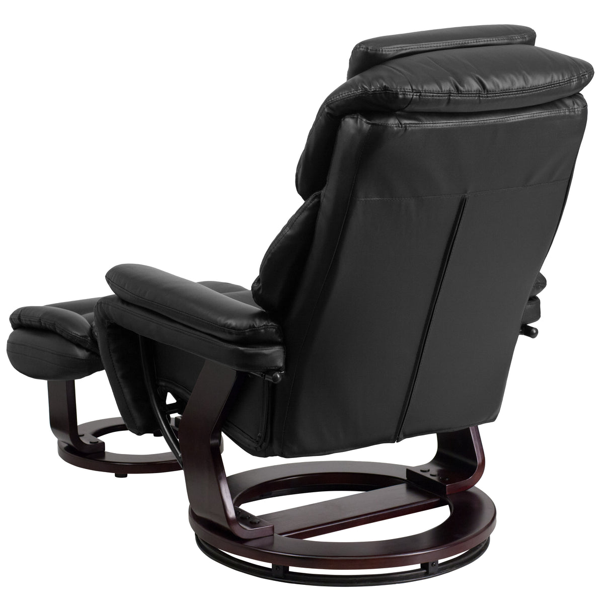 Black LeatherSoft |#| Black LeatherSoft Multi-Position Recliner & Ottoman w/ Swivel Mahogany Wood Base