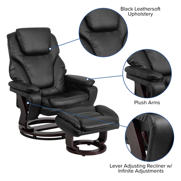 Black LeatherSoft |#| Black LeatherSoft Multi-Position Recliner & Ottoman w/ Swivel Mahogany Wood Base