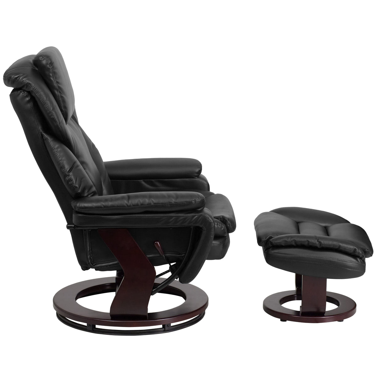 Black LeatherSoft |#| Black LeatherSoft Multi-Position Recliner & Ottoman w/ Swivel Mahogany Wood Base